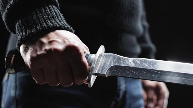 Hand gripping a metallic dagger