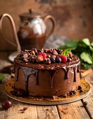 Decadent chocolate cake topped with berries and nuts on a rustic wood table, dark chocolate drips down the sides