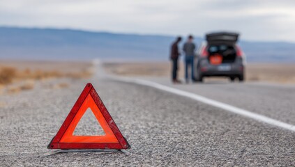 Broken down vehicle on a highway.  Warning triangle in foreground.  People assisting