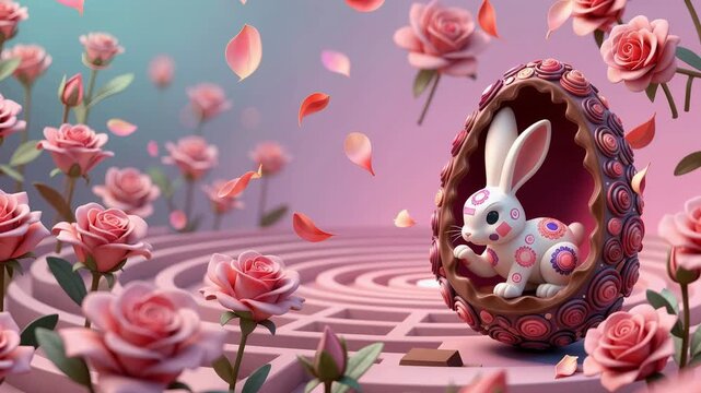 white rabbit with pink and purple flower patterns, sitting inside a chocolate egg-shaped frame, surrounded by pink roses, petals floating around, circular pink patterned floor.