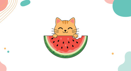 Obraz premium Adorable orange tabby cat cartoon character happily eating a large slice of watermelon, with abstract shapes in the background.