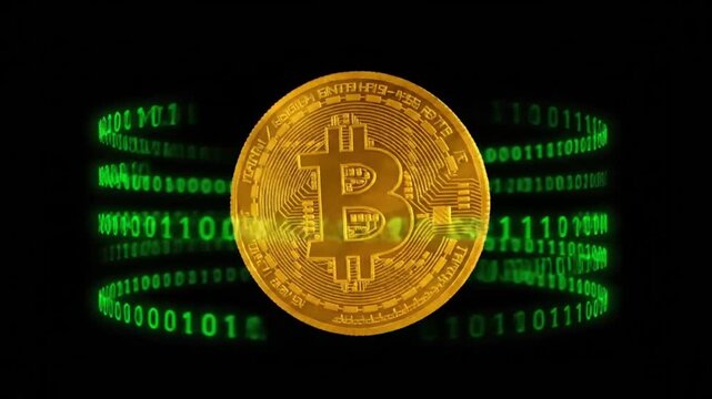A gold Bitcoin coin with a shiny surface and embossed details surrounded by green binary code on a black background with a cinematic lighting effect.