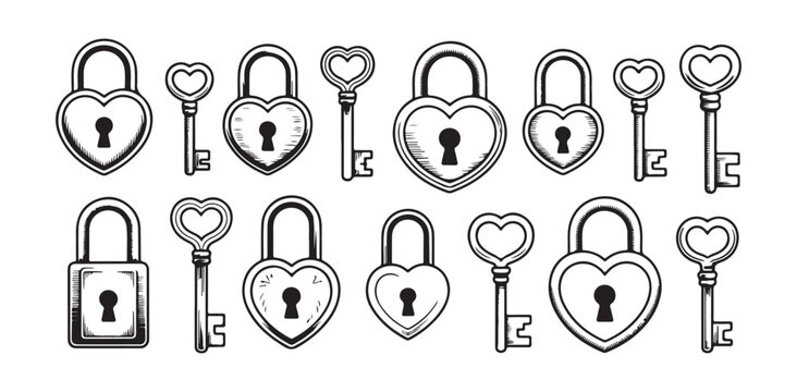 Hand drawn heart padlocks and skeleton keys set for vintage wedding romance and valentine sketches