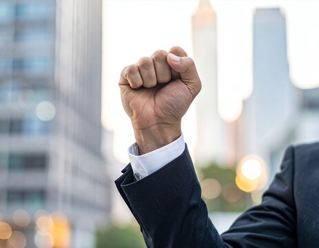 Businessmans clenched fist symbolizing strength and determination in an urban setting.