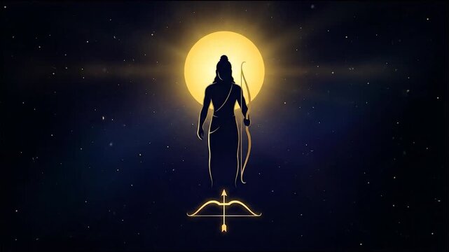Golden silhouette of divine lord rama standing with a bow against a cosmic starry night, celebrating ram navami.