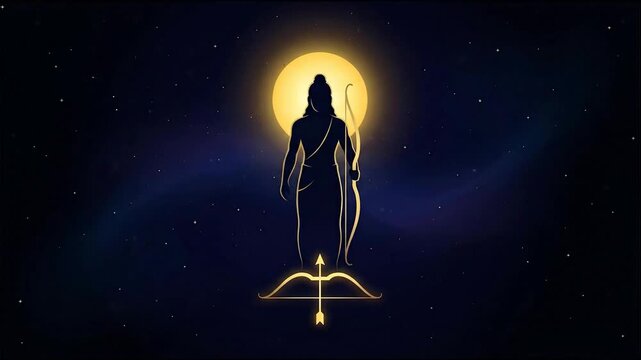 Golden silhouette of rama standing with a bow, backlit by the moon in a dark, spiritual night sky for ram navami.
