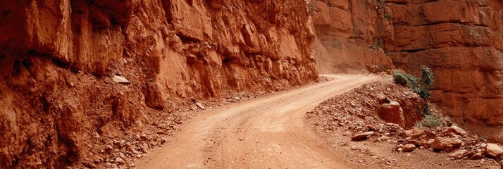 Fototapeta premium Red canyon dirt road winding through a narrow gorge