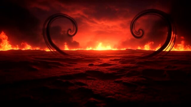 Surreal Fiery Landscape with Abstract Forms and Burning Horizon.