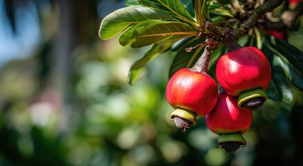 Close-up of vibrant red fruits hanging from a branch. Lush green leaves surround the fruits
