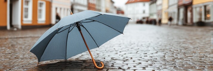 Rainy street scene with a closed umbrella on wet cobblestones