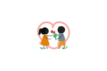 Fototapeta premium simple hand draw illustration of a cute people gift flower his girl 