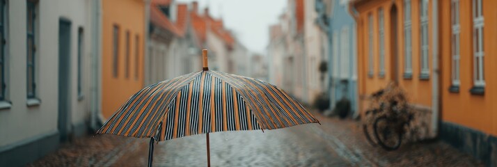 A striped umbrella shelters a narrow, cobbled street lined with colorful, old buildings
