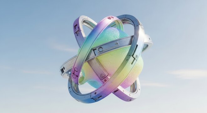 Abstract futuristic three dimensional design with iridescent metallic rings soft pastel rainbow colors set against a bright airy and simple blue sky background