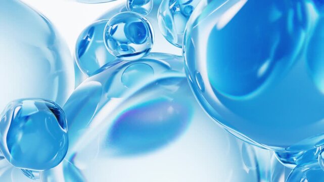 Dynamic motion of clear blue liquid bubbles and spheres against a bright white background, creating an abstract and fluid visual effect