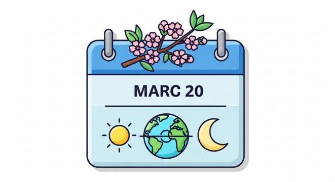 Spring equinox calendar page with cherry blossoms and earth phases