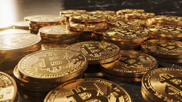 Stacks of golden Bitcoin cryptocurrency coins