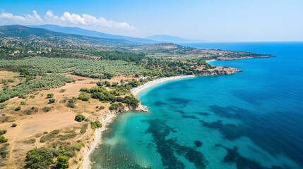 Obraz premium Aerial view of Ema Beach Sithonia Greece with turquoise water