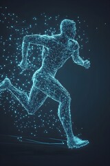 Blue wireframe human figure running with glowing particles