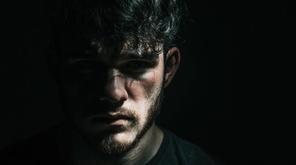 Fototapeta premium Leader Displays Strength During Crucial Moment With Intense Lighting and Serious Expression Captured in Dark Surroundings