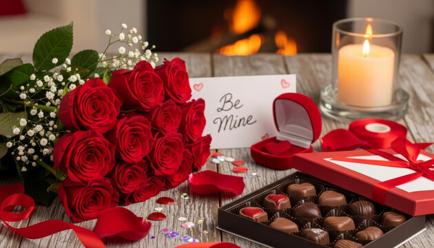 A romantic red rose with glowing candles on a table celebrating love and romance