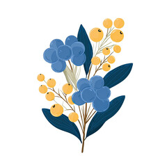 Decorative floral sticker featuring blue berries, yellow orbs, and dark green leaves