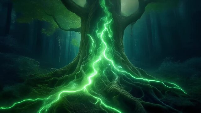 Mystical ancient tree struck by vibrant green lightning in a dark, enchanted forest, with energy flowing through its roots.