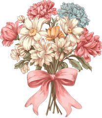 A vibrant, detailed illustration of a bouquet tied with a pink ribbon against a black background