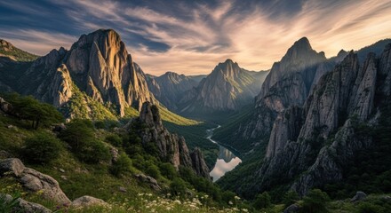 Obraz premium Majestic mountain range with lush greenery and serene valley.