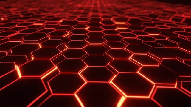 Futuristic glowing hexagonal grid in red-orange tones extending into dark digital space.