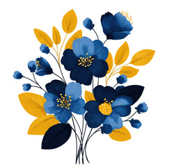 Decorative floral arrangement of deep blue blooms and vibrant yellow leaves on a black background