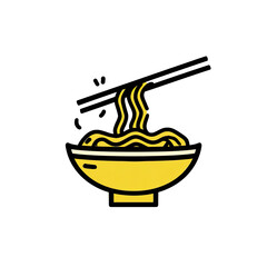 Illustration of a yellow bowl filled with noodles with steam rising. Black background