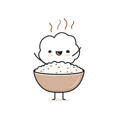 A cartoon bowl of rice with steam and a smiling face. Cute and delicious food concept
