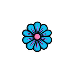 Cartoon-style flower with bright blue petals, violet details, pink center on black background