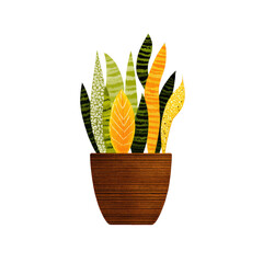 A digitally rendered plant, snake plant style, in a brown, textured pot against a black backdrop