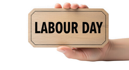 Hand holding a wooden sign with labour day text isolated on transparent background