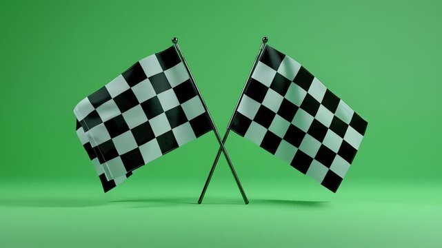 Two crossed checkered flags waving on green background