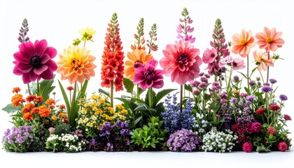 Vibrant and diverse floral arrangement showcasing a beautiful array of colorful blossoms and lush greenery.