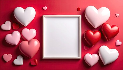 Blank white frame surrounded by romantic pink red and white hearts for Valentines Day celebration.