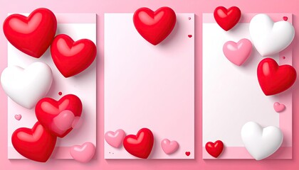 Collection of Glossy 3D Hearts in Red Pink and White for Romantic Themes.