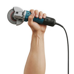 Hand holding an angle grinder power tool isolated on transparent background