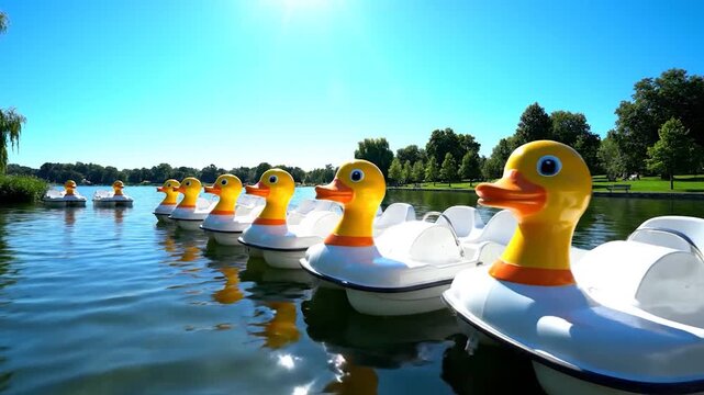 Duck-shaped paddle boats line up on a lake, reflecting a sunny day