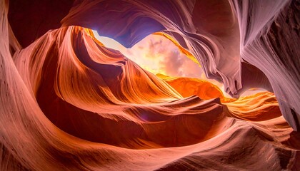 Carved sandstone canyon interior, orange light, soft curves, sky visible above