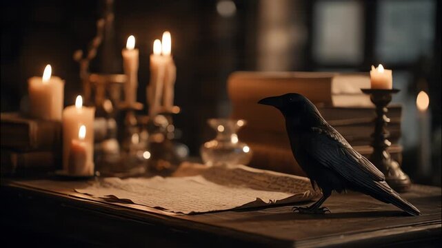A Raven on an Old Desk with Candles and Books Mysterious Atmosphere