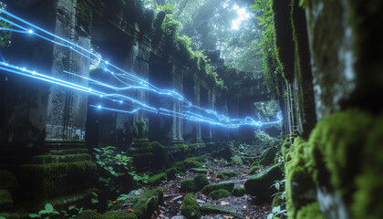 Obraz premium Ancient Stone Ruins Integrated with Cyber Tech