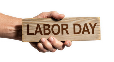 Hand holding wooden sign with labor day text isolated on transparent background