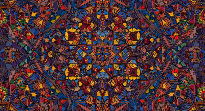 A colorful stained glass pattern evokes a sense of creativity and spirituality, perfect for cultural and artistic projects.
