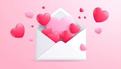 White envelope sending love with floating hearts on a soft pink background.