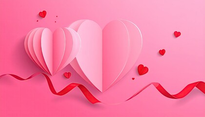 Elegant Pink and Red Paper Hearts with Flowing Ribbon on Soft Background.