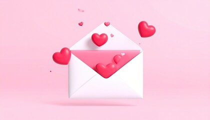 3D rendering of a white envelope with pink interior overflowing with red hearts on a soft pink background.