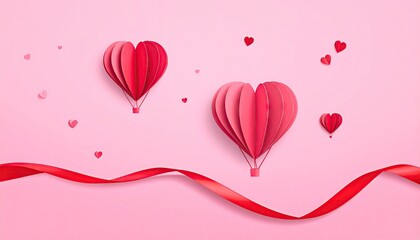 Whimsical red heart hot air balloons floating on a soft pink background with a flowing red ribbon.